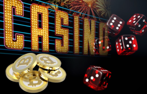 Dice and bitcoins with the casino sign